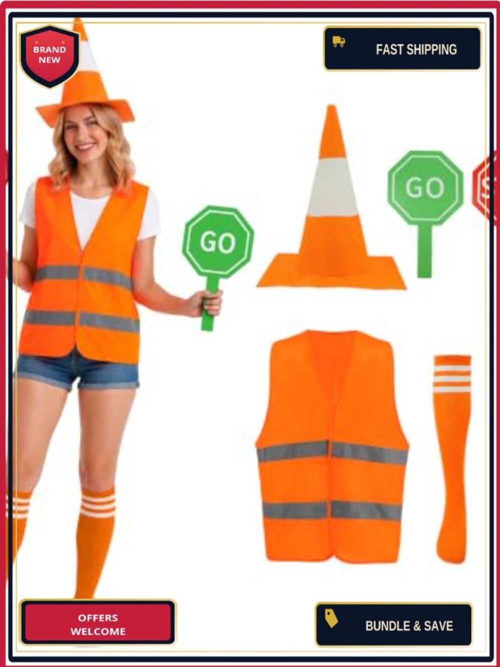 Adult Traffic Cone Construction Costume Set Vest Hat Socks Stop Sign Cosplay